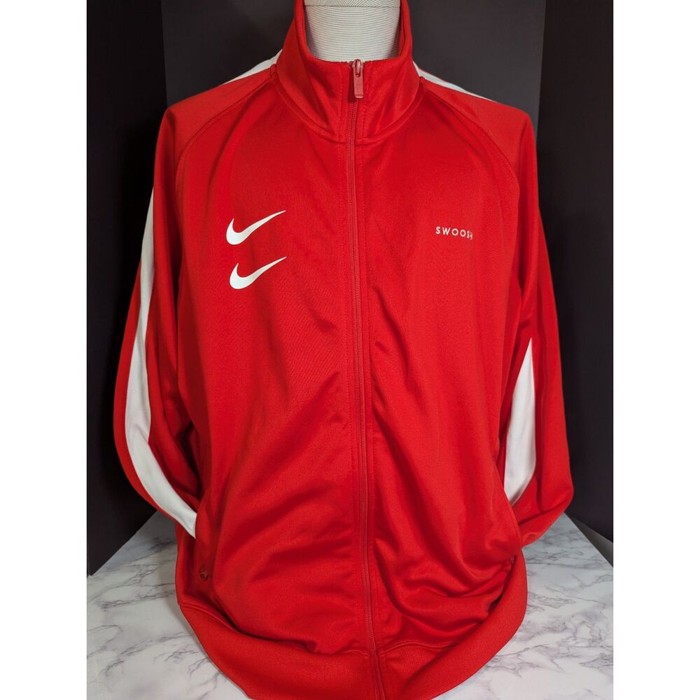 Nike Mens 2XL Red Double Swoosh Poly Knit Track Jacket White Stripe Full Zip XXL